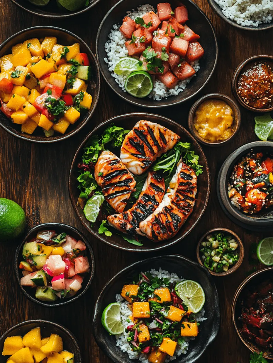A variety of wahoo fish recipes displayed on a wooden table with tropical ingredients