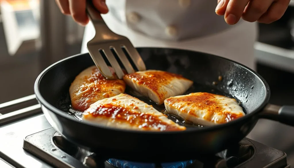 A cast-iron skillet with whiting fillets frying to golden perfection