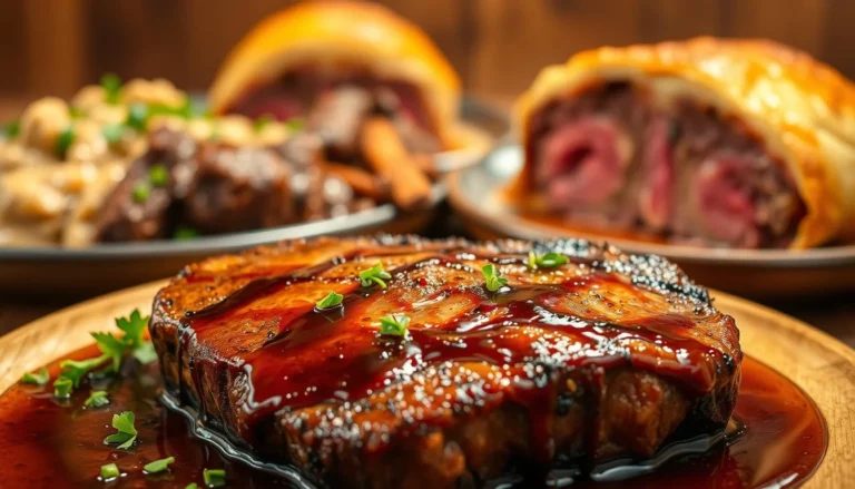 Juicy and flavorful beef dishes, including steaks, stews, and grilled beef.