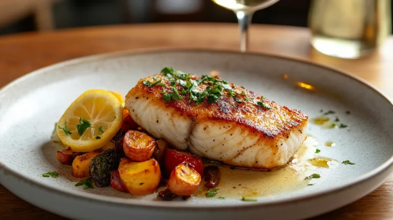 Delicious red fish dish served with herbs and lemon