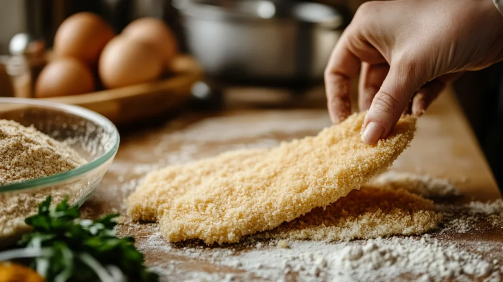 A cook dipping a whiting fillet into seasoned cornmeal before frying