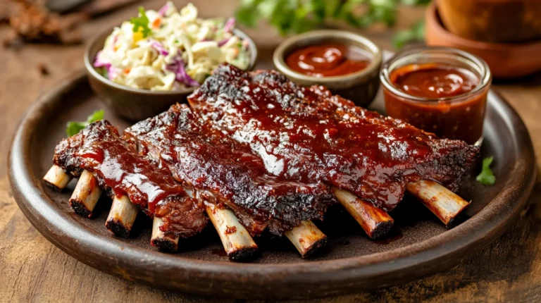 Juicy beef rib back ribs with BBQ glaze on a wooden cutting board, served with coleslaw and corn on the cob.