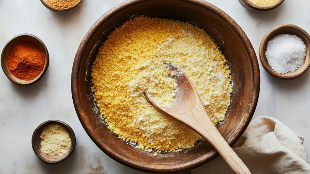A bowl of cornmeal mixture with spices for frying whiting