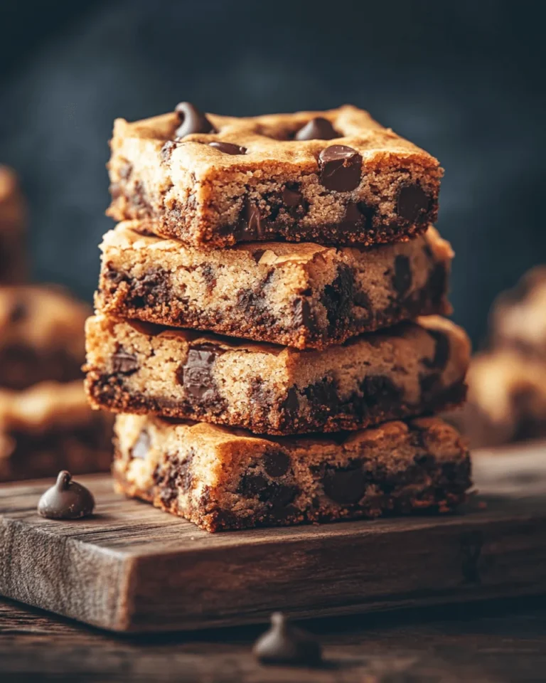 Chocolate chip cookie brownies stacked on a wooden board