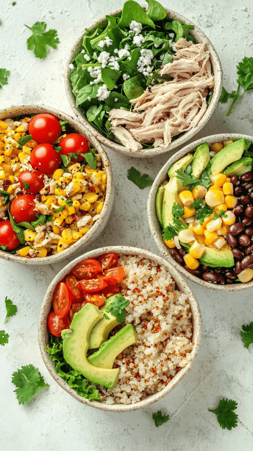 Flat lay of three healthy shredded chicken meals: a salad, a wrap, and a rice bowl with colorful vegetables and fresh herbs.