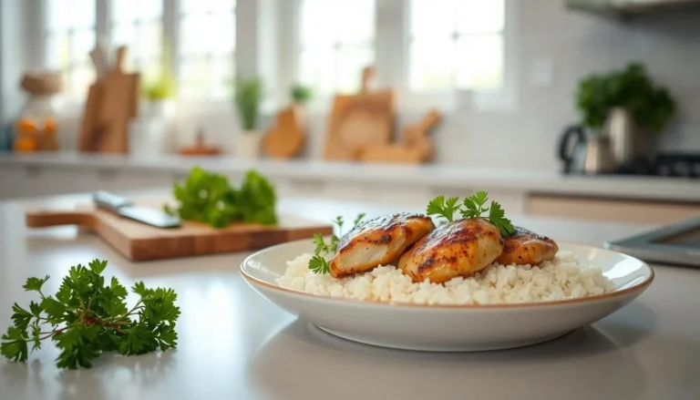 Grilled chicken breast served over brown rice with colorful vegetables on a rustic wooden table.