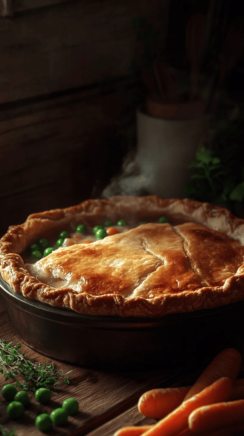 Freshly baked healthy chicken pot pie with golden flaky crust and vegetables on a rustic table