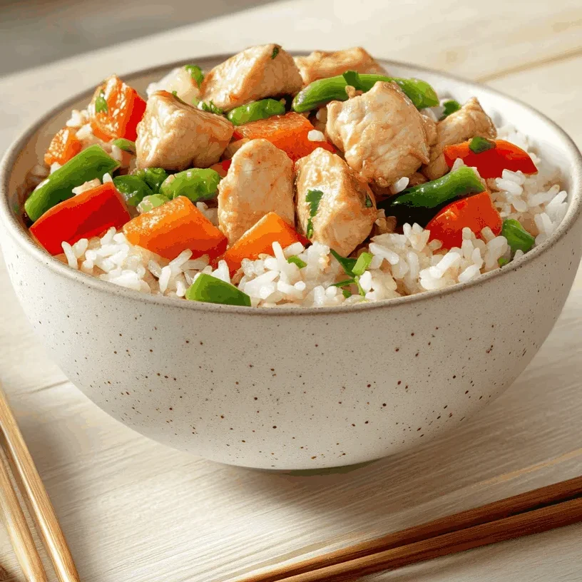 Colorful bowl of healthy chicken fried rice with nutrient-rich ingredients like brown rice, chicken, peas, and carrots.