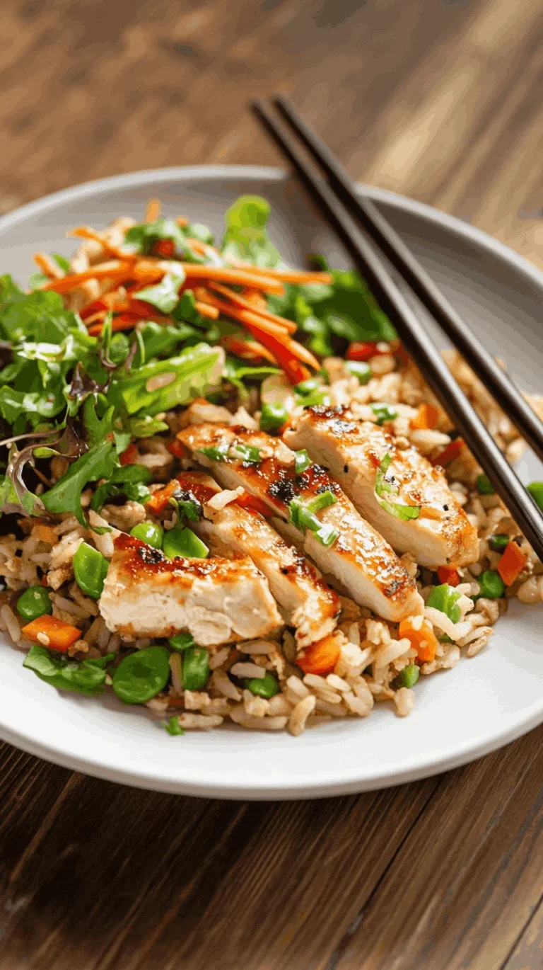 Healthy homemade chicken fried rice with colorful vegetables and brown rice in a white bowl.