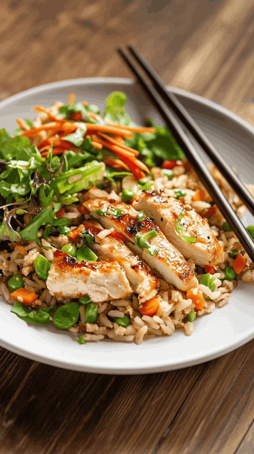Healthy homemade chicken fried rice with colorful vegetables and brown rice in a white bowl.