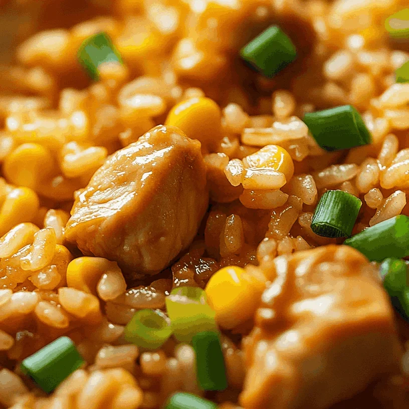 Greasy restaurant-style chicken fried rice with white rice, heavy oil, and minimal vegetables.