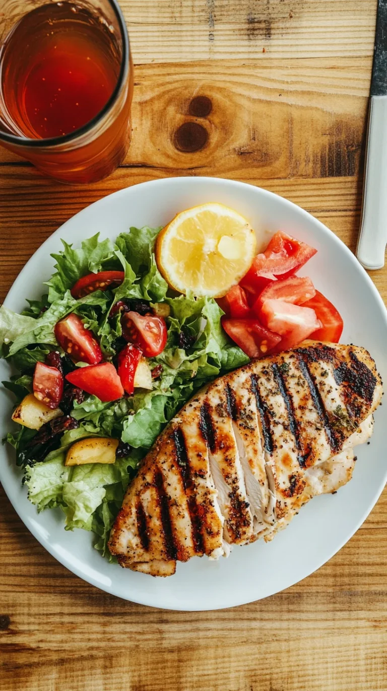 Grilled chicken sandwich, side salad, and fruit cup on a white plate with unsweetened iced tea a healthy fast food meal inspired by Healthy Chick fil A Options.