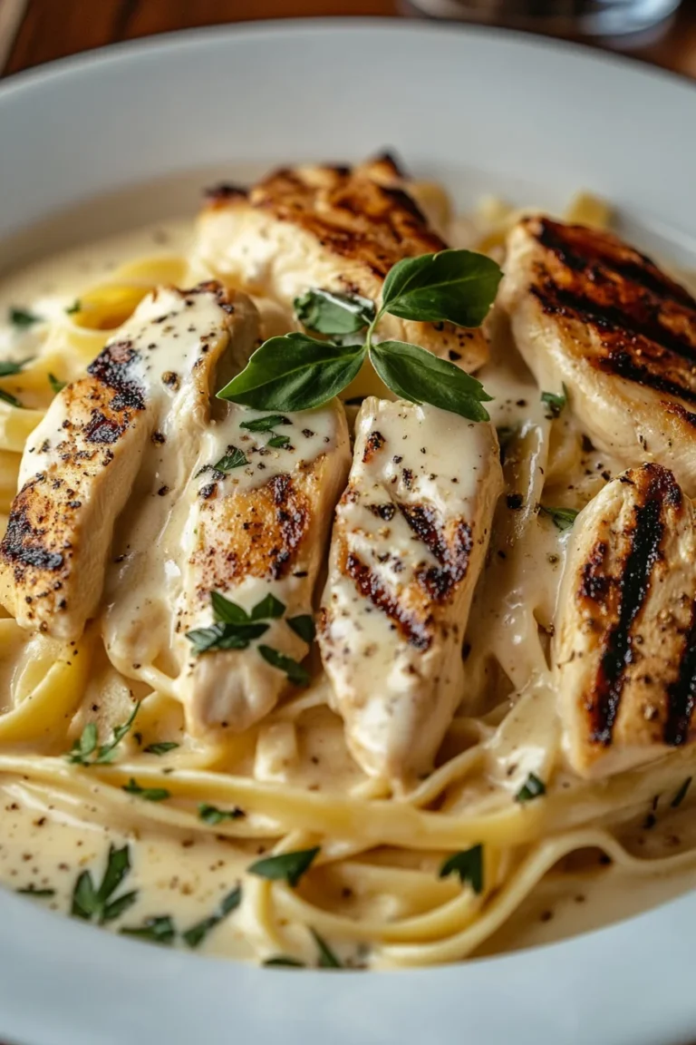 A creamy plate of Chicken Alfredo Healthy with fettuccine, grilled chicken slices, and fresh herbs.