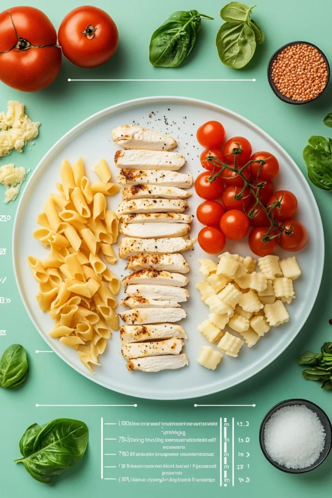 Nutritional breakdown chart of Chicken Alfredo Healthy, showing calories, protein, fat, and sodium.