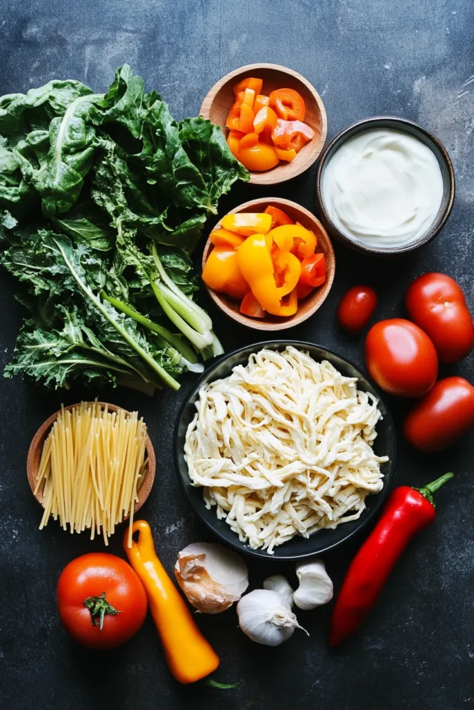 A collection of healthy ingredients for a lighter chicken alfredo, including Greek yogurt, whole wheat pasta, and fresh vegetables.