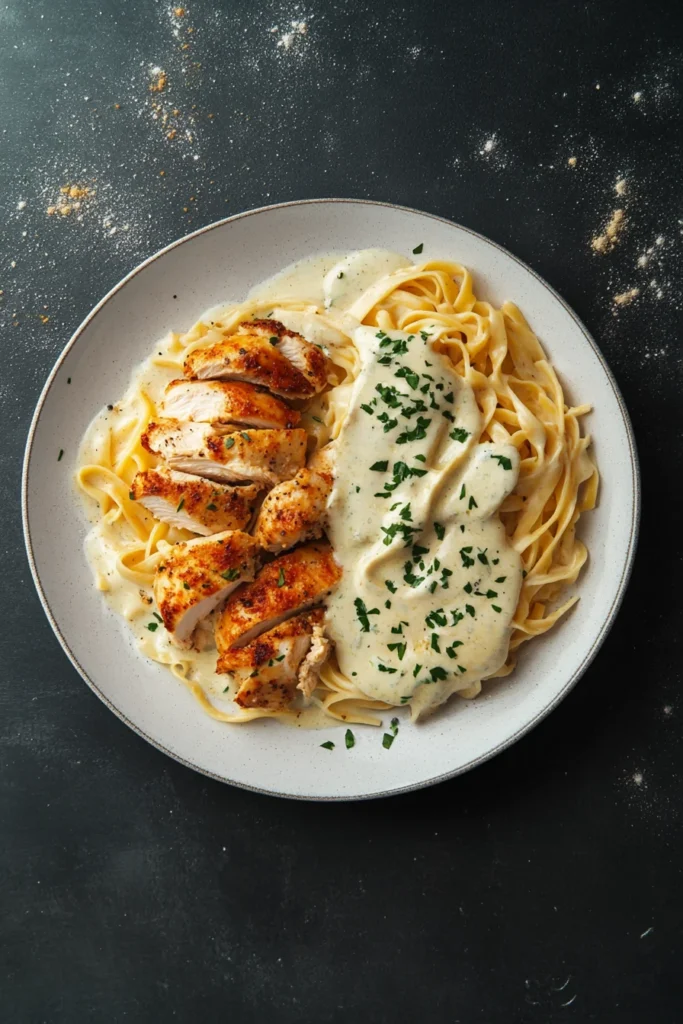 A portion-controlled plate of chicken alfredo next to a large restaurant serving.