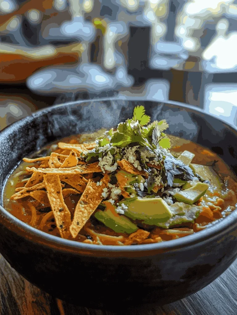 Healthy chicken tortilla soup with avocado and crispy tortilla strips served in a rustic bowl.