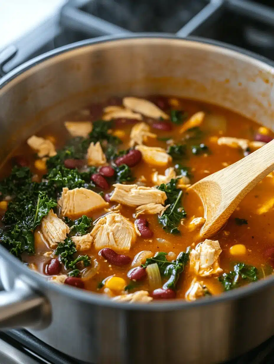 Soup simmering in a pot with chicken, beans, and kale visible in the broth.