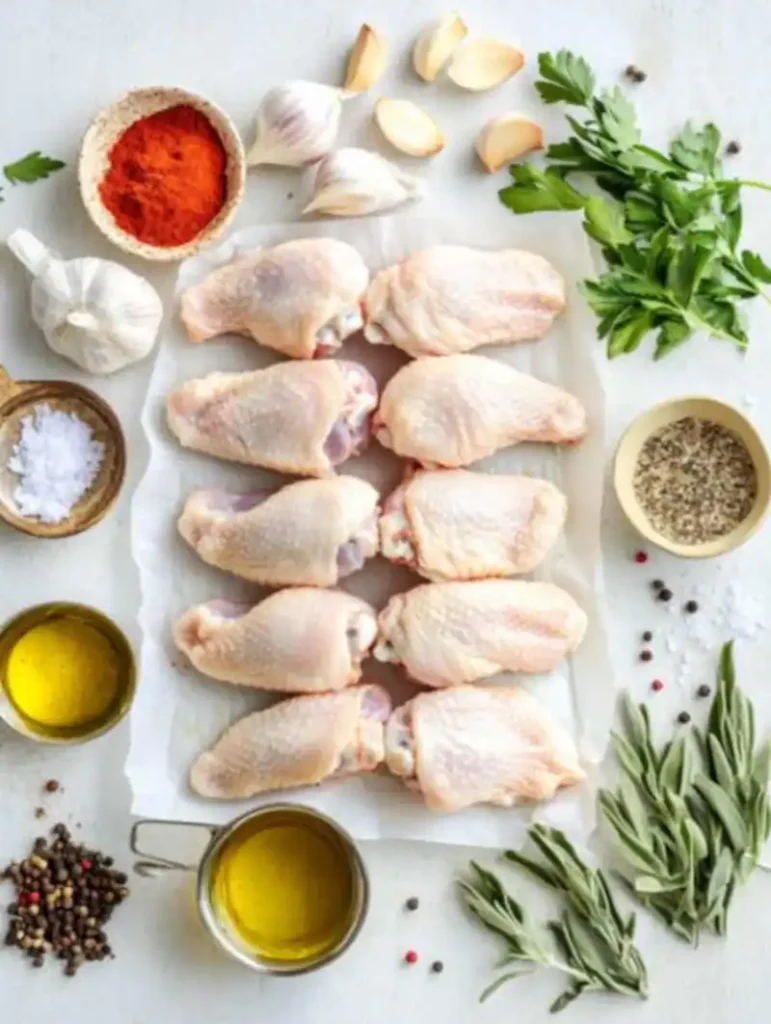 Flat lay of raw chicken wings and healthy ingredients like garlic, spices, and baking powder.