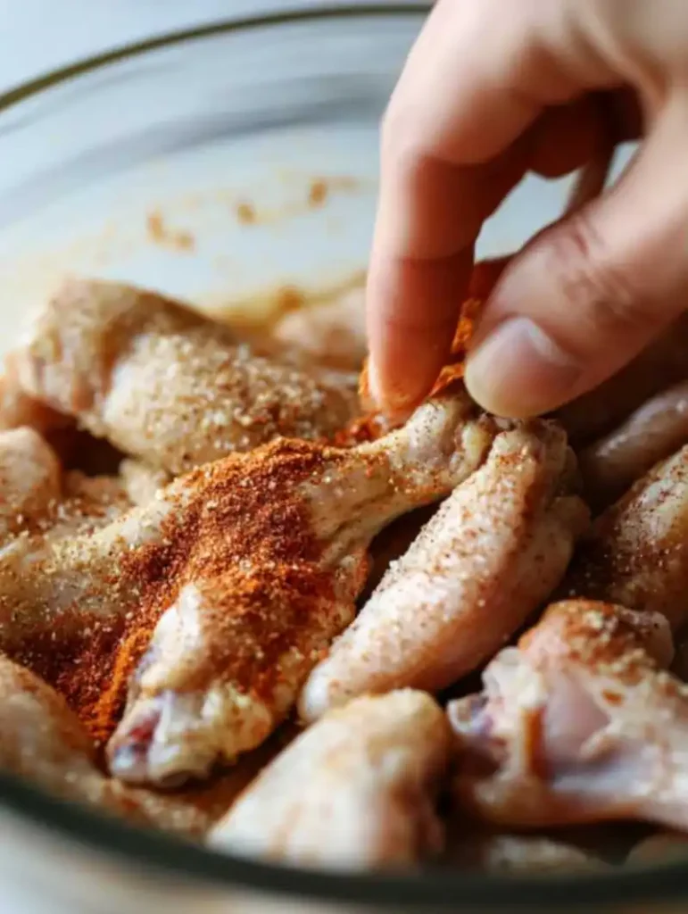 Chicken wings being tossed in a bowl with a dry rub seasoning mix for added flavor and crispiness.