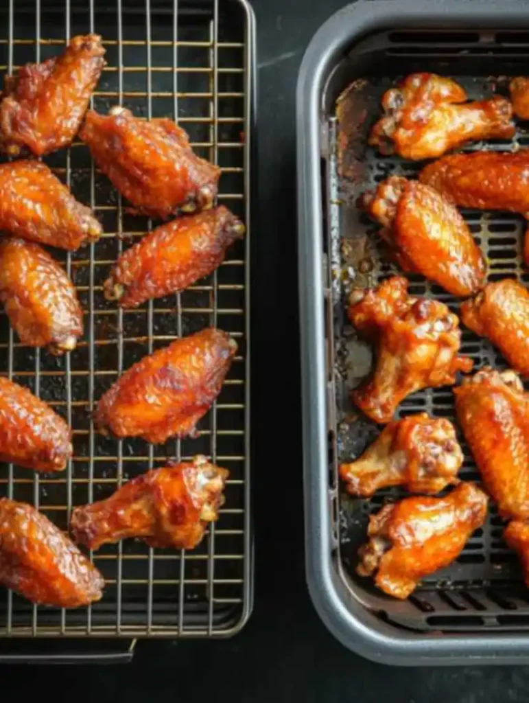 Baked chicken wings cooking in the oven and in an air fryer side-by-side for healthy preparation options.