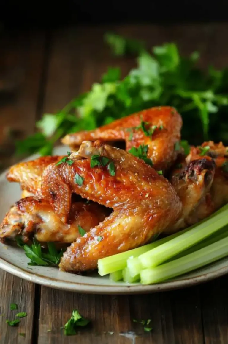 Crispy baked chicken wings served with Greek yogurt dip and fresh celery on a wooden table.