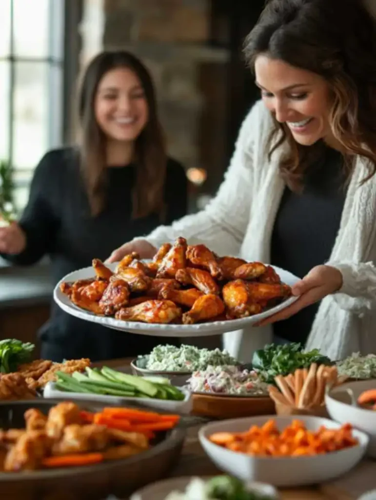 Family gathering around a table enjoying baked chicken wings with healthy side dishes.