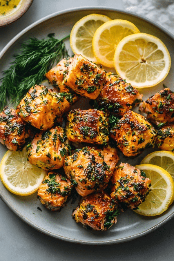 Air Fryer Salmon Bites served with lemon and herbs