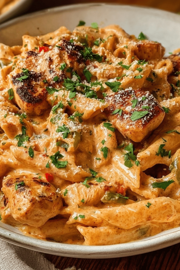 Creamy Cajun Chicken Pasta served with penne and bell peppers
