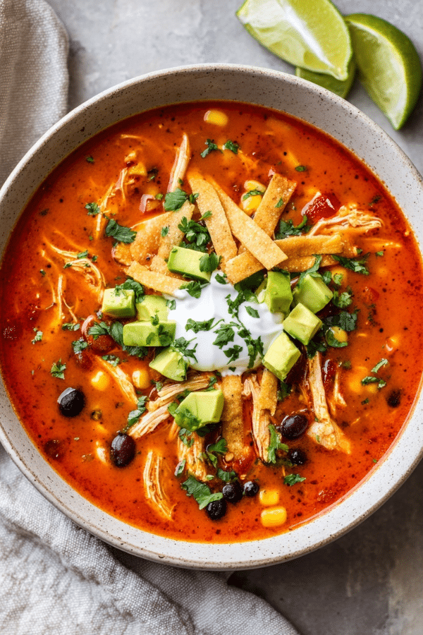 Bowl of creamy chicken enchilada soup topped with diced avocado, black beans, corn, sour cream, and fresh cilantro, served in a rustic white bowl on a light background.