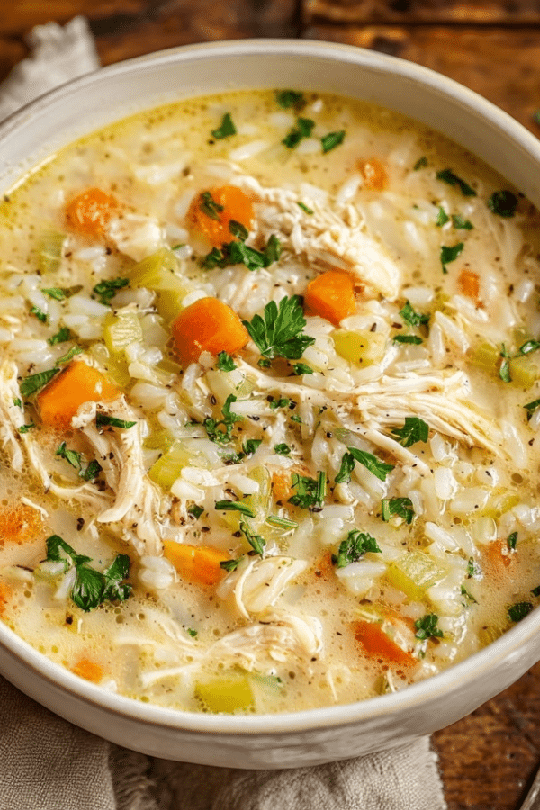 A comforting bowl of creamy chicken and rice soup served hot with herbs
