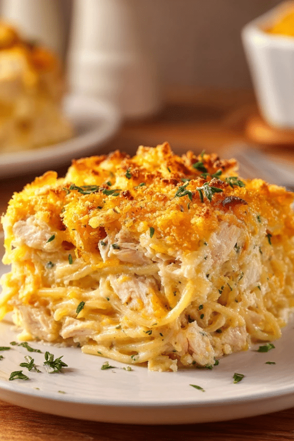 Spicy Southern Chicken Spaghetti Casserole fresh from oven