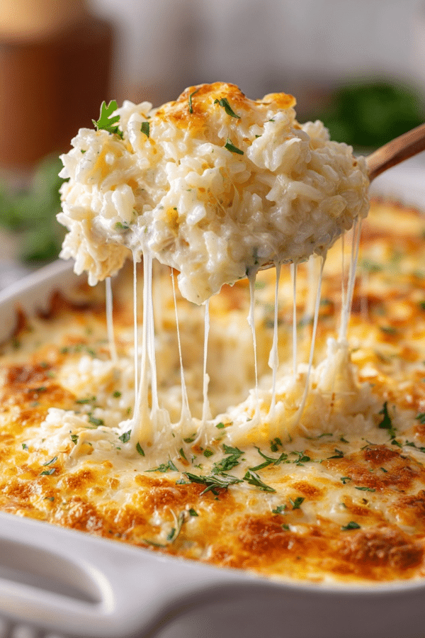 Cheesy one-pan chicken and rice casserole being served with a spoon, showing melted cheese and creamy baked rice with herbs in a white casserole dish.