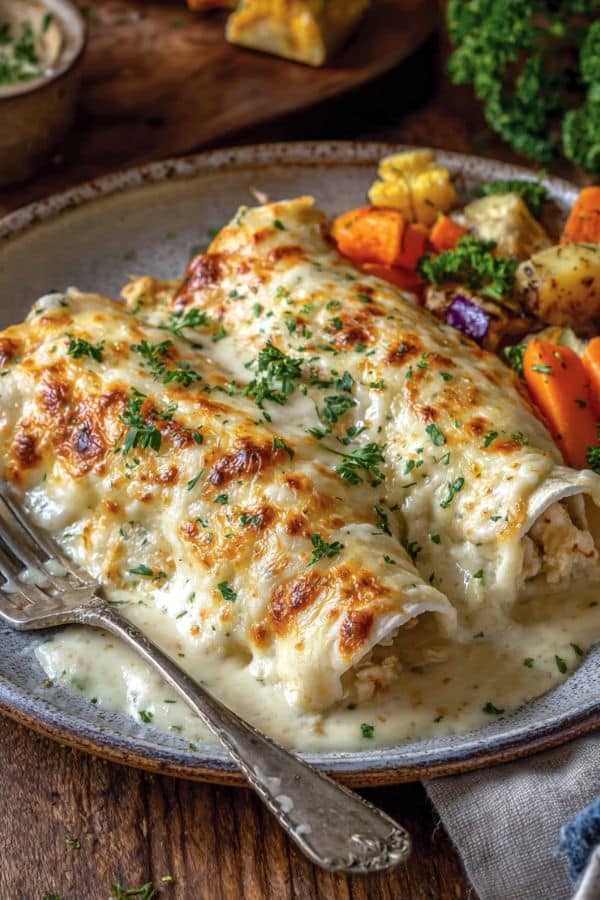 Easy white chicken enchiladas with creamy sauce served hot on a dinner plate