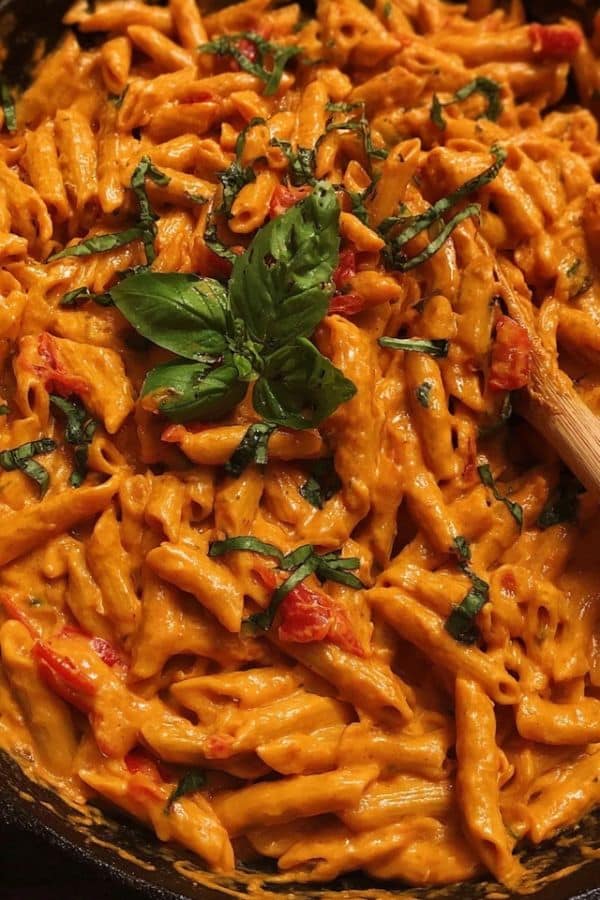 Creamy Tomato Basil Pasta coated in velvety pink sauce
