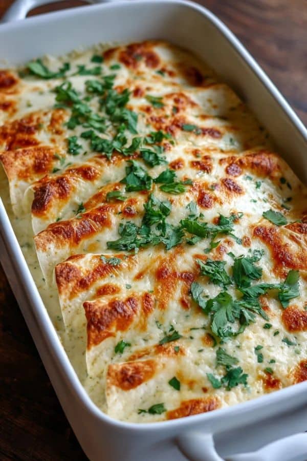 creamy white chicken enchiladas with cheese topping