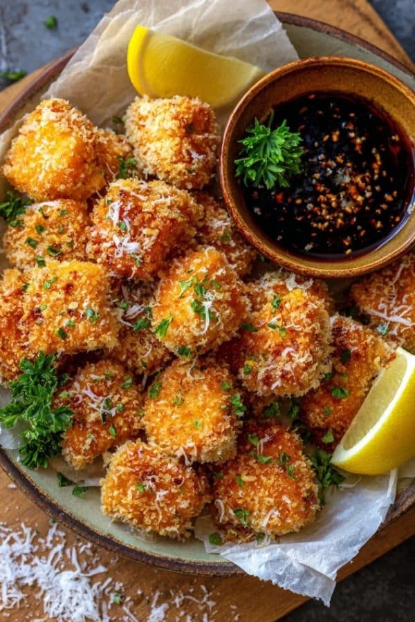 Crispy air fryer honey garlic salmon bites served with jasmine rice