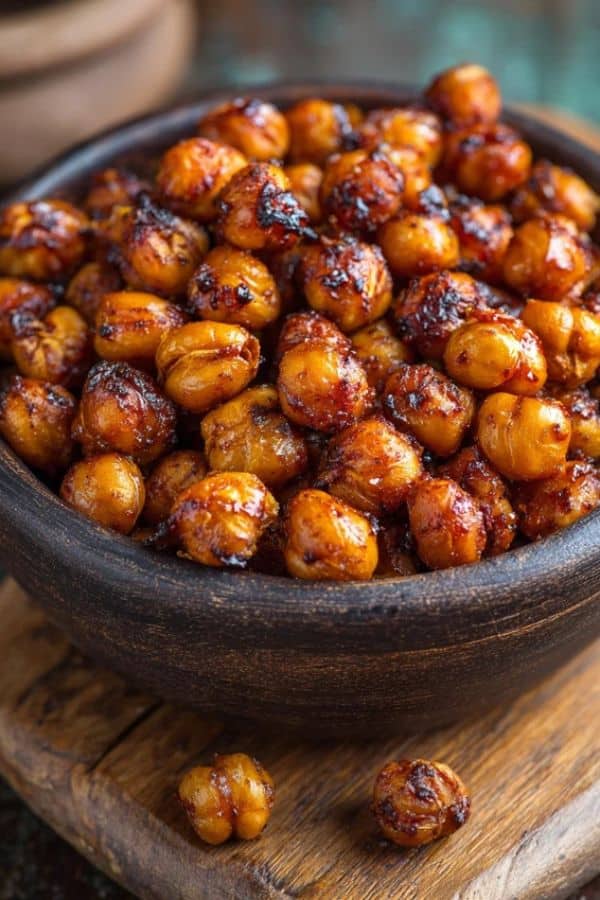 A bowl of crispy BBQ chickpeas served as a healthy snack