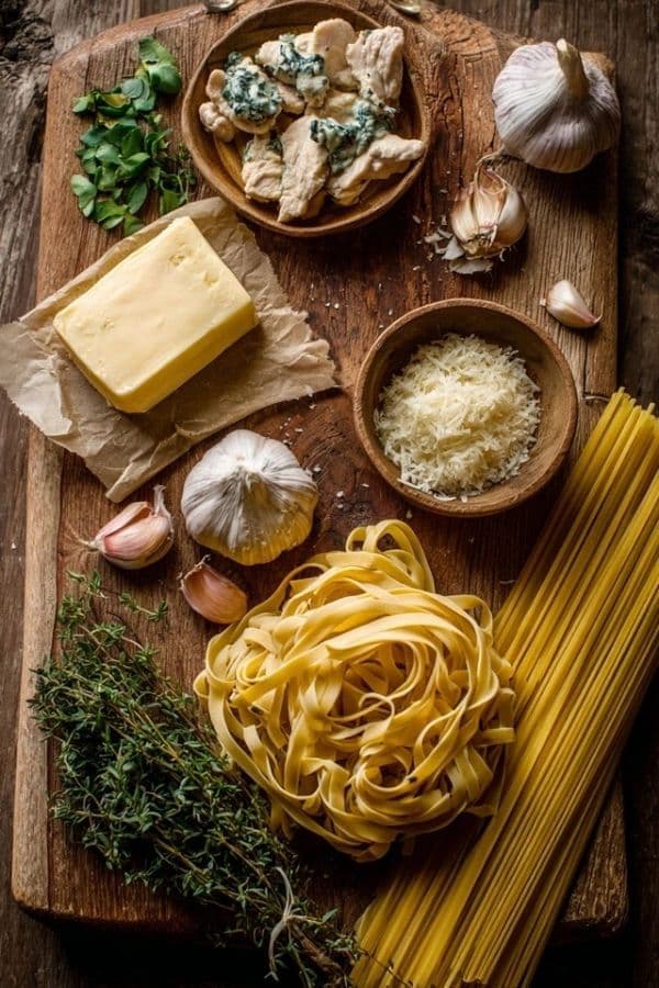ingredients for Cowboy Butter Chicken Pasta laid out on kitchen counter
