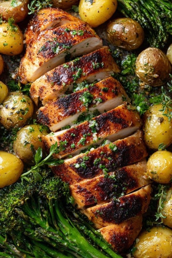 Sliced garlic butter chicken breast with roasted vegetables on a sheet pan