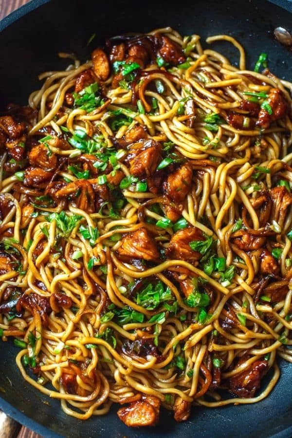 Sticky Garlic Chicken Noodles in a glossy sweet garlic sauce
