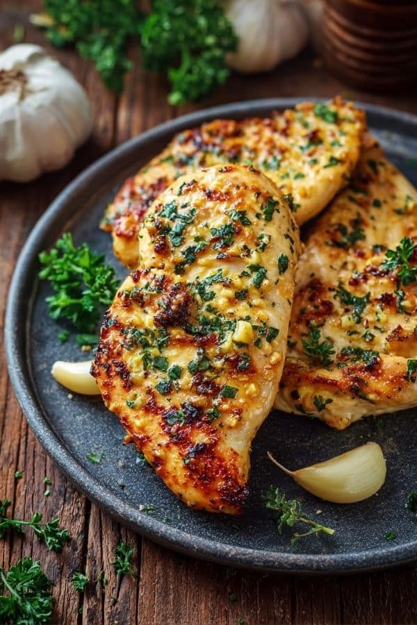 Yummy Garlic Chicken Keto Recipe served with herbs and garlic butter sauce.