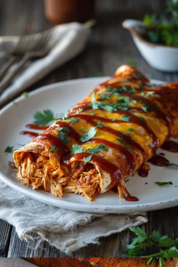 Best chicken enchiladas with melted cheese and red sauce on a dinner plate