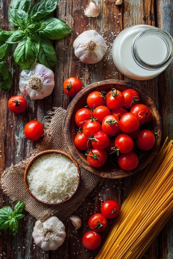 Ingredients for Creamy Tomato Basil Pasta one-pot creamy meal