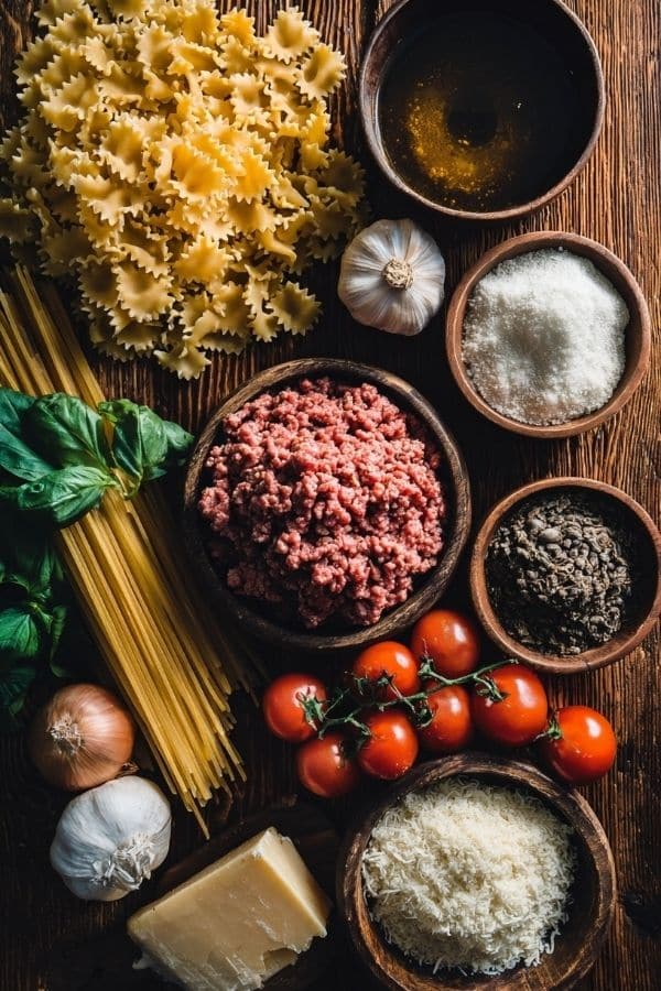 Ingredients for One-Pot Lasagna Soup arranged on a kitchen counter.