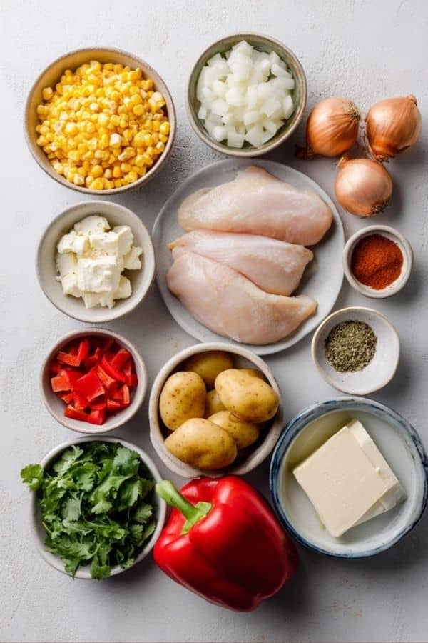 Ingredients for Crockpot Chicken Corn Chowder including chicken, corn, onions, and spices