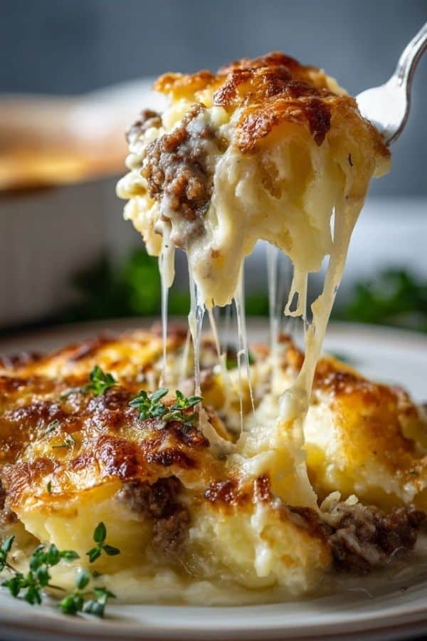 Serving of cheesy hamburger potato casserole on a plate