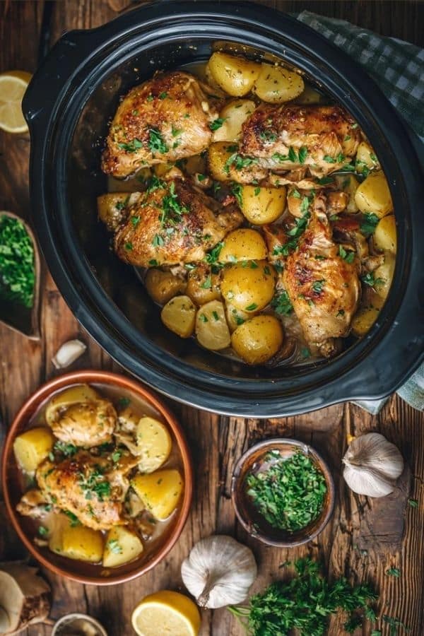 Garlic Parmesan Crockpot Chicken and Potatoes served creamy and tender