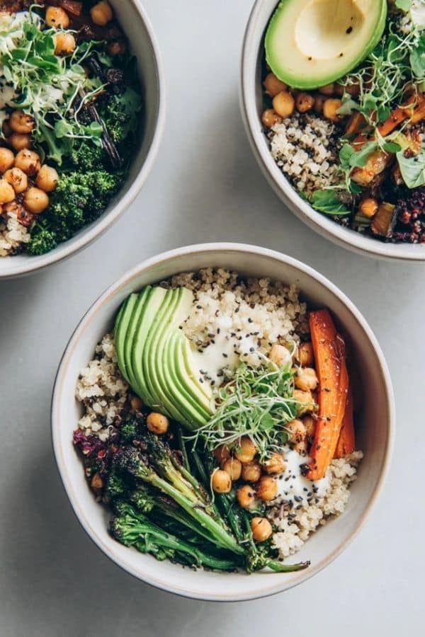 Healthy bowls made with grains, vegetables, and balanced ingredients
