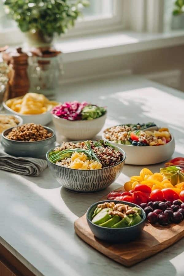 Healthy snacks and healthy food dishes with colorful bowls and fresh ingredients.